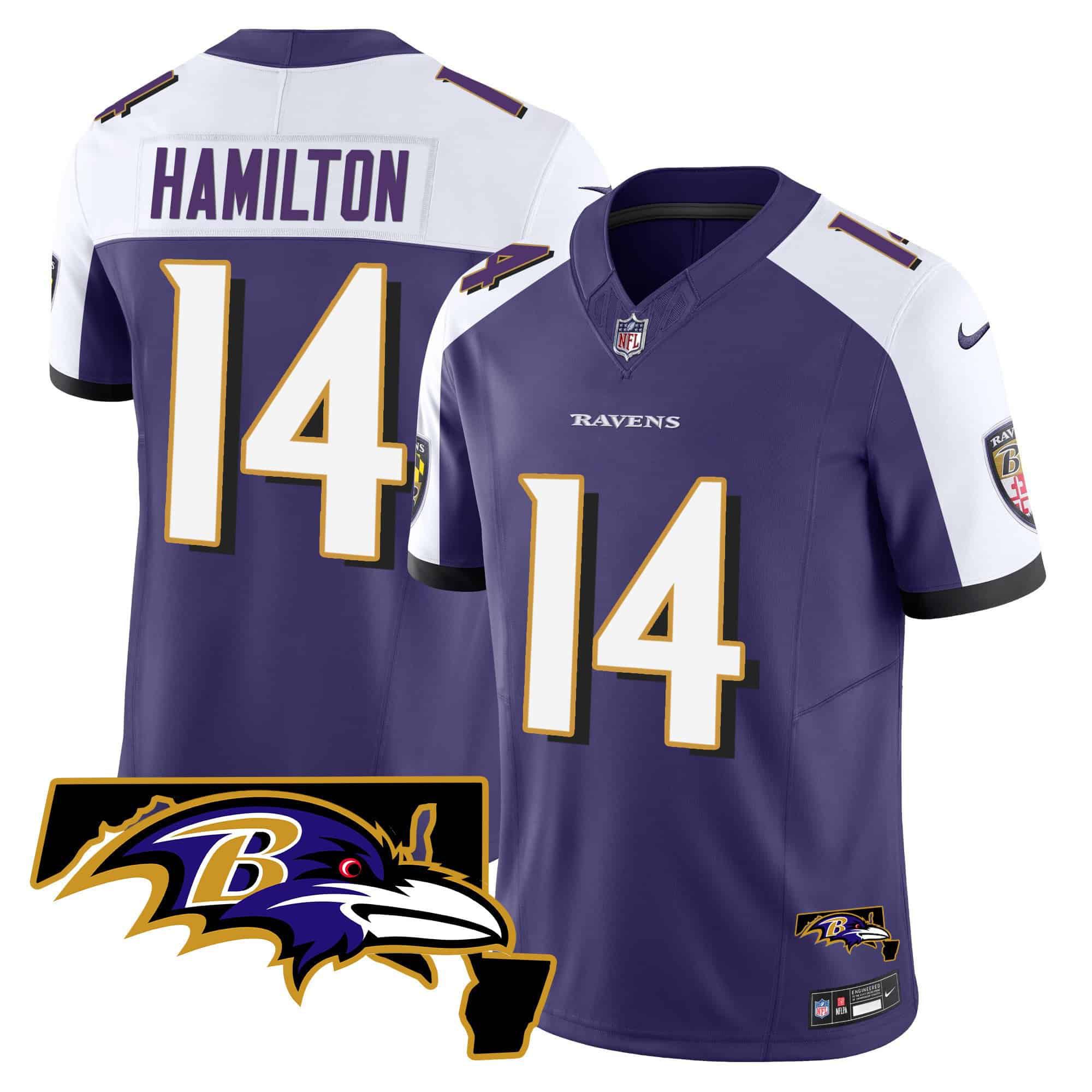 Men Baltimore Ravens #14 Hamilton Purple 2024 Nike Maryland Patch Vapor Limited NFL Jersey->indianapolis colts->NFL Jersey